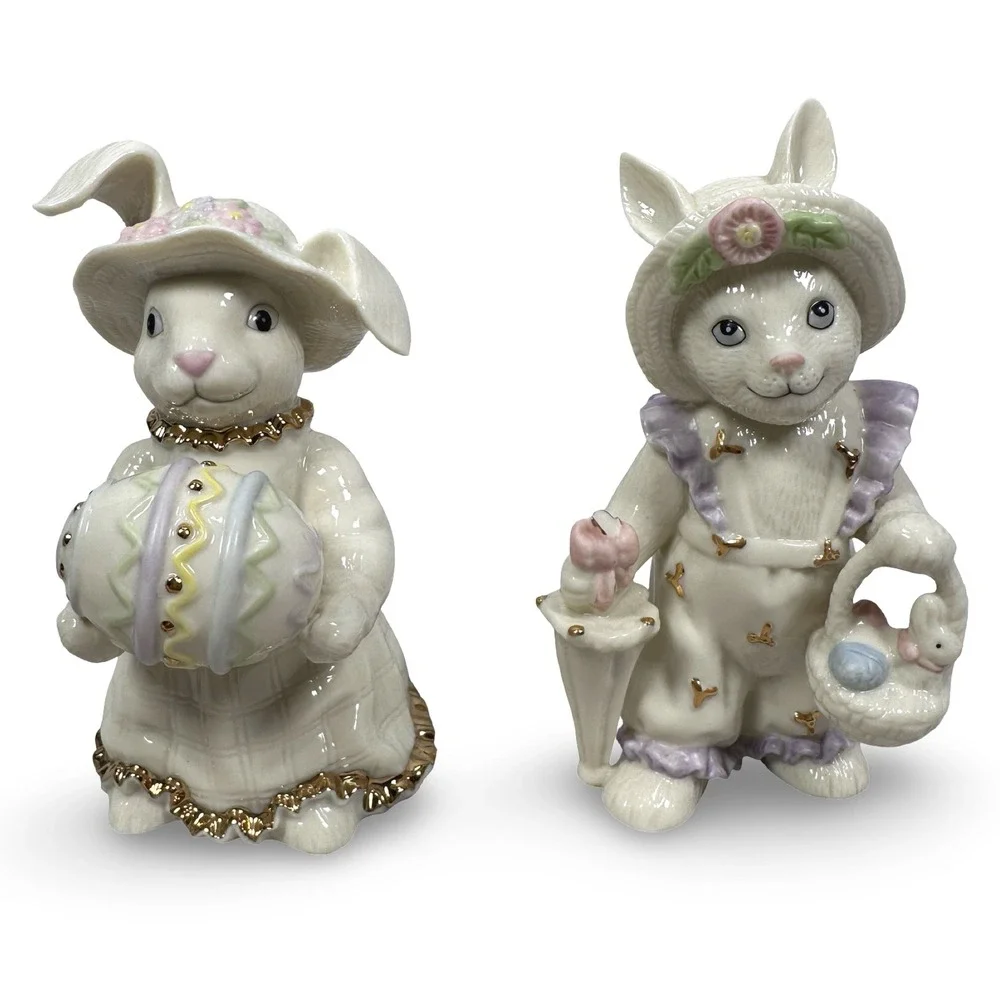Lenox Limited Edition 2004 2005 Easter Stroll Bunny Figurine Set 2 Porcelain
